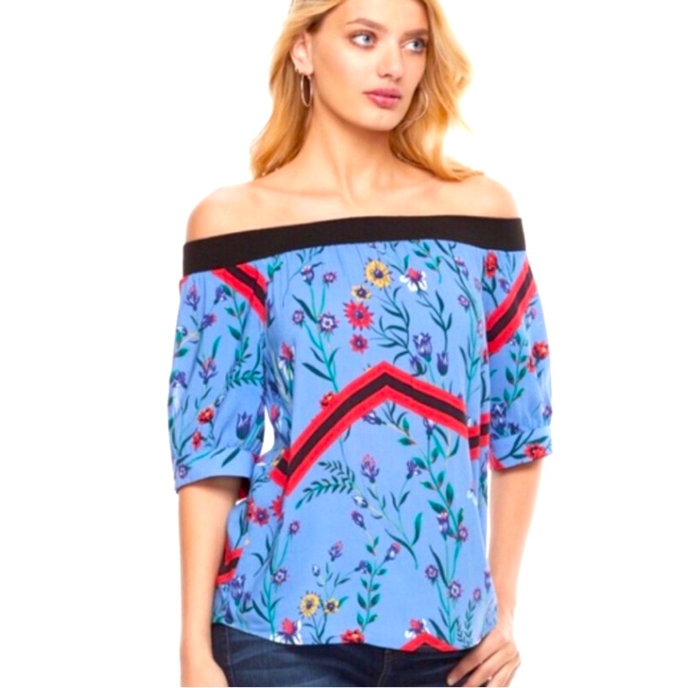 Juicy Couture off the shoulder floral blouse, blue/black/red, size Large, EUC